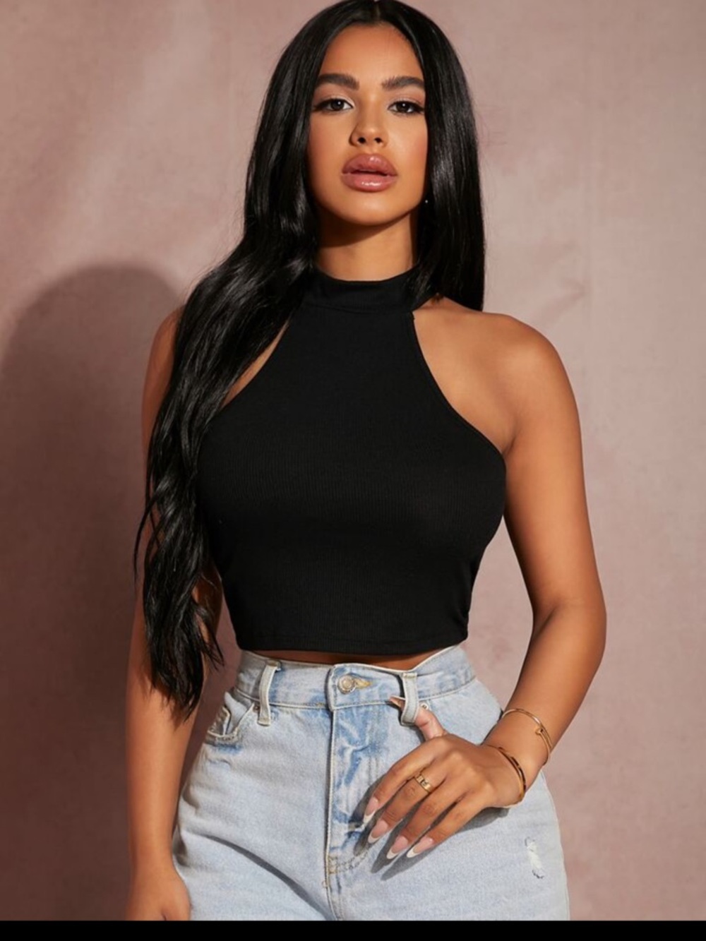 Black Ribbed Halter Crop Top - Women